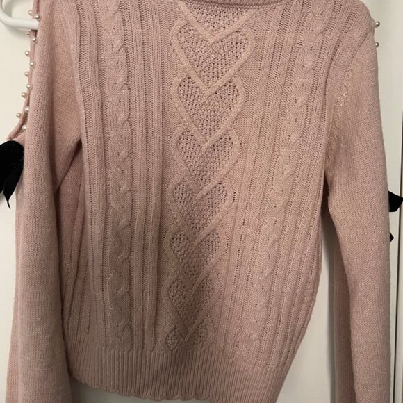 Ank Rouge Pink Heart Cable Knit Cold Shoulder Ruffle Turtleneck Sweater - Picture 4 of 5
